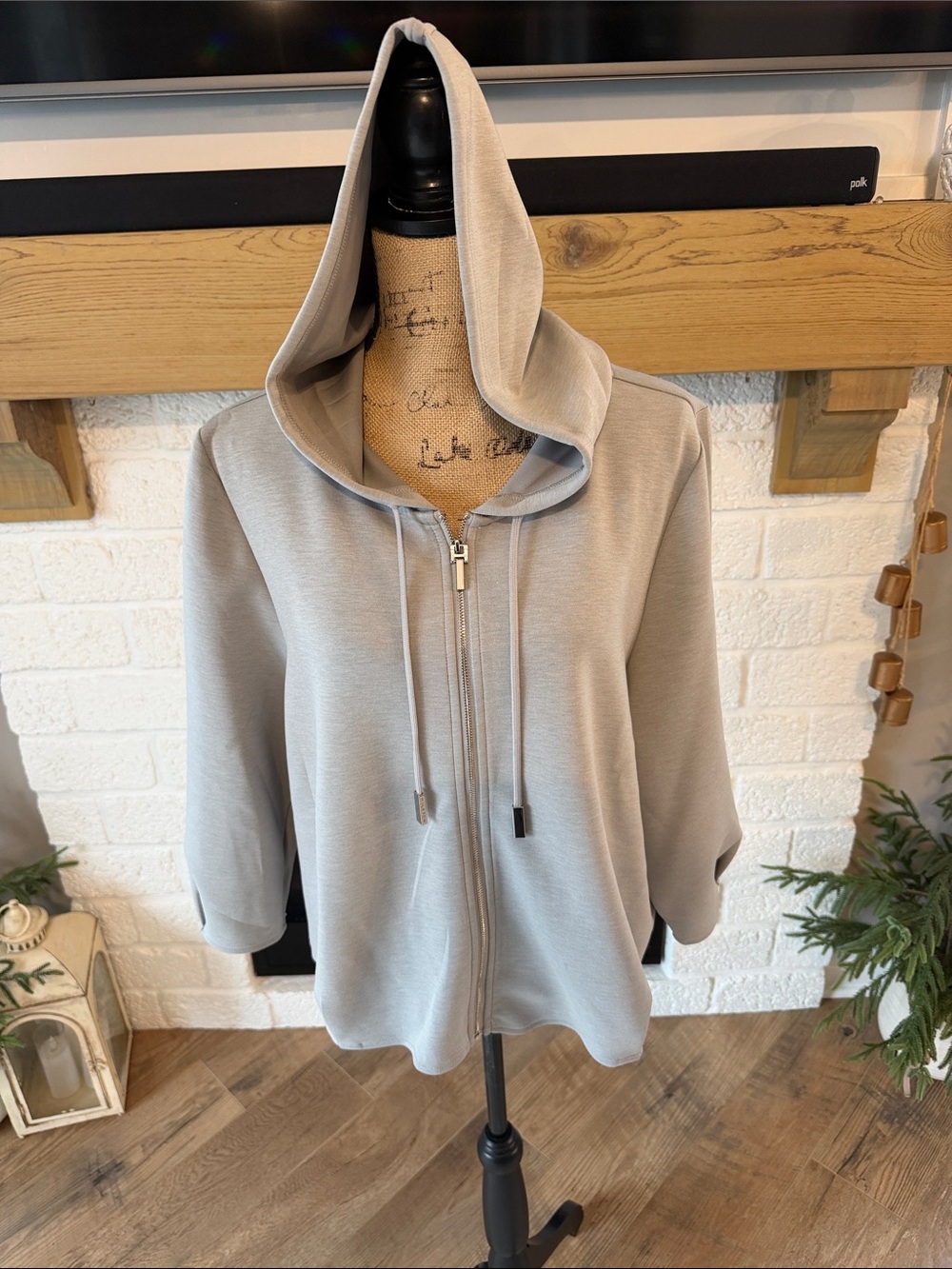 H by Halston Light Gray Hooded Zip-Front Sweatshirt
